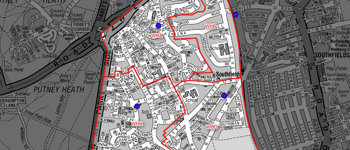 Detailed street map showing a red walking route through Southfields and Putney Heath, with blue markers at key stops.