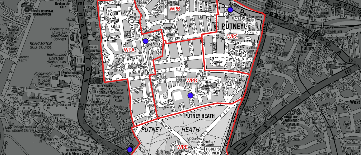 Map of the Putney district with a red boundary outlining the area and blue markers indicating key locations inside the boundary.
