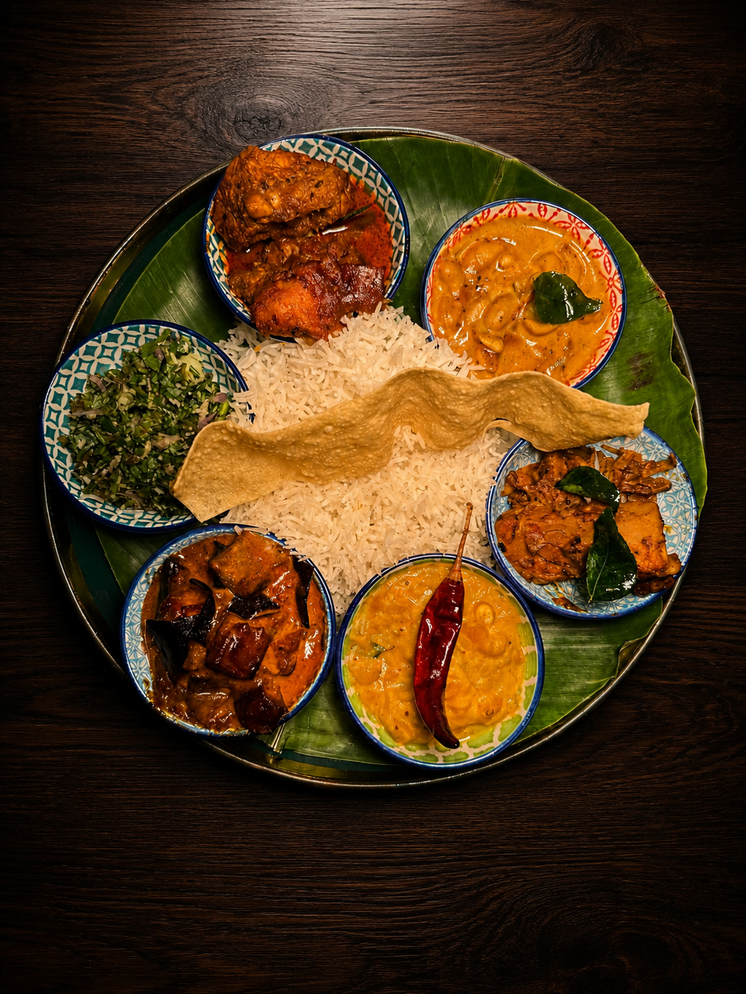 Indian thali on a banana leaf tray: white rice in the center surrounded by several bowls of curry, greens, and a papadam.