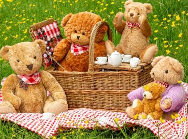 Teddy bears having a picnic on a red-and-white checkered blanket with a wicker basket and a tea set in a sunny meadow.