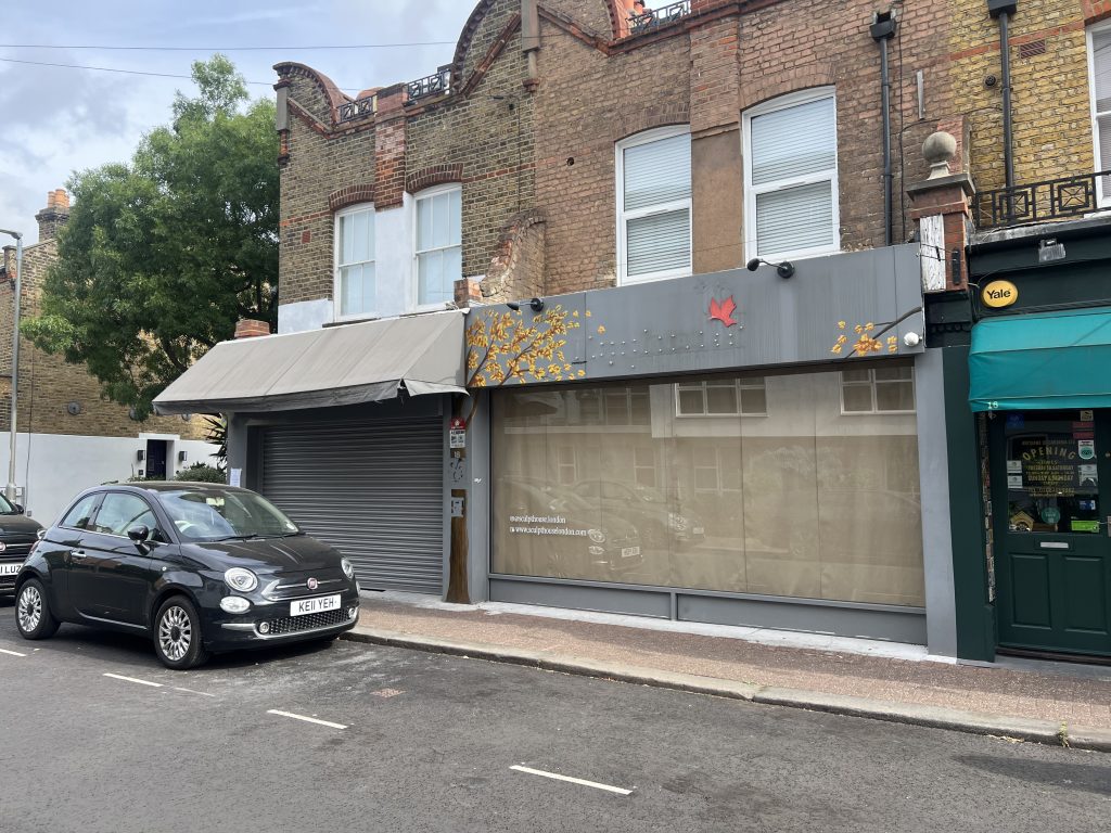 Black Fiat 500 parked on a city street in front of a brick storefront with a gray awning and decorative yellow leaves on the facade, tree to the left.
