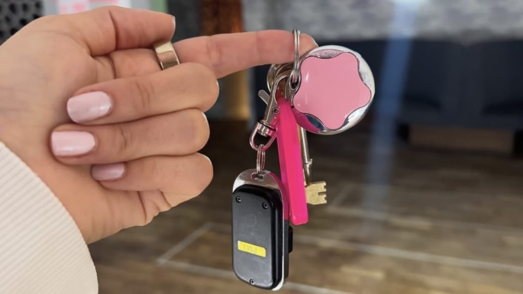 Hand with pink nails holding a keyring with several keys, a pink round keychain, and a black fob.