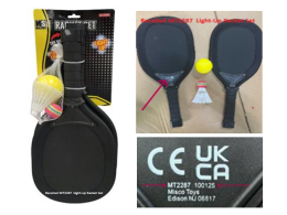 Composite of three photos of the recalled Misco Sports Light-Up Racket Set: the boxed set on its backing card, the two black rackets with a yellow ball and white shuttlecock, and a close-up of the CE and UKCA markings showing model number MT2287