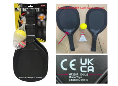 Composite of three photos of the recalled Misco Sports Light-Up Racket Set: the boxed set on its backing card, the two black rackets with a yellow ball and white shuttlecock, and a close-up of the CE and UKCA markings showing model number MT2287