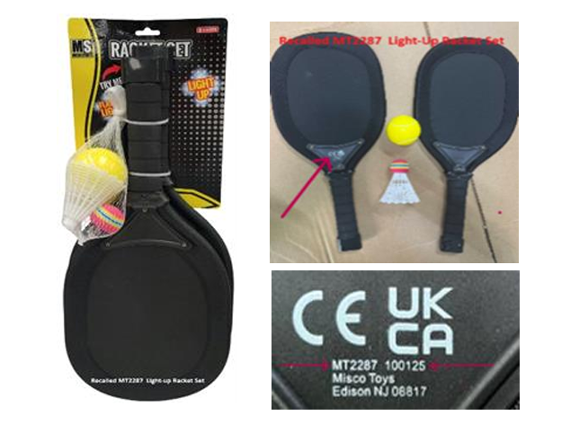 Composite of three photos of the recalled Misco Sports Light-Up Racket Set: the boxed set on its backing card, the two black rackets with a yellow ball and white shuttlecock, and a close-up of the CE and UKCA markings showing model number MT2287