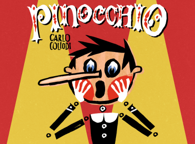 Illustration of Pinocchio with an elongated nose on a red and yellow poster, featuring the name Carlo Collodi and the stylized title Pinocchio above him.