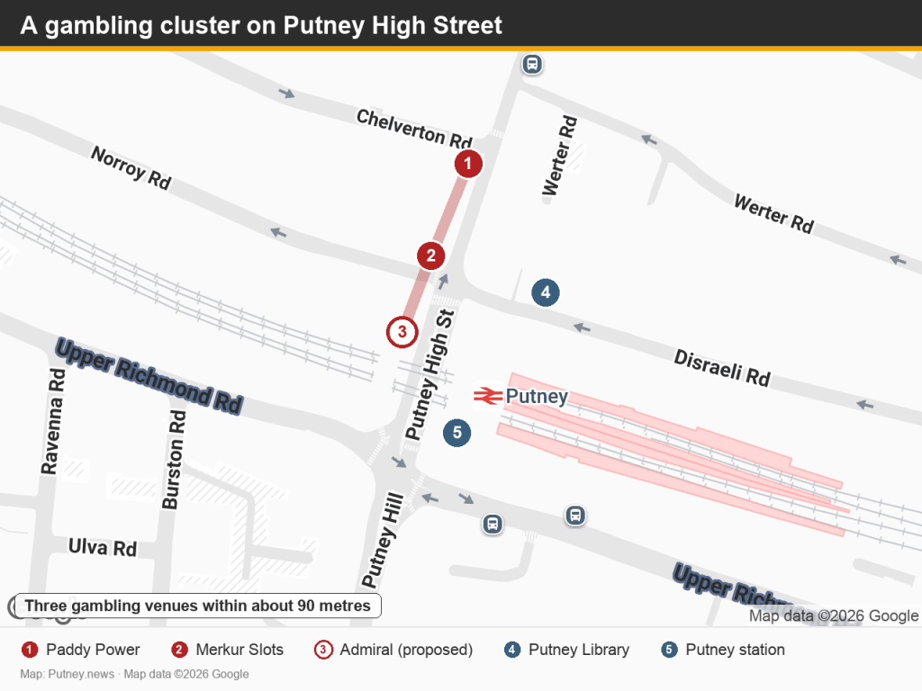 A cluster of gambling venues on Putney High Street