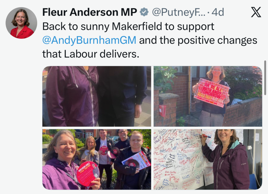 Social post by Fleur Anderson MP with a collage of campaign photos and supporters.
