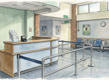 Empty leisure centre reception desk with an unstaffed counter, queue rail and municipal seating in a British public-sector interior.