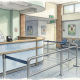 Empty leisure centre reception desk with an unstaffed counter, queue rail and municipal seating in a British public-sector interior.