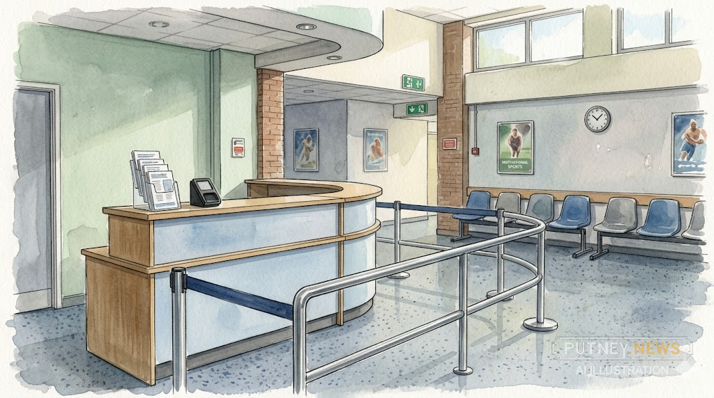 Empty leisure centre reception desk with an unstaffed counter, queue rail and municipal seating in a British public-sector interior.