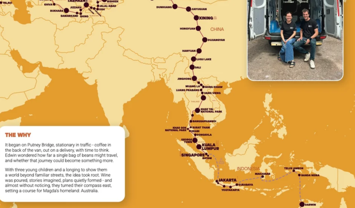 Map of Asia and Australia showing a dotted travel route with labeled cities, plus a photo inset of two people in a van at the top right.