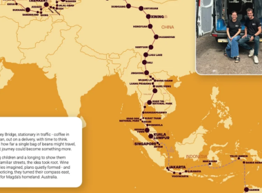 Map of Asia and Australia showing a dotted travel route with labeled cities, plus a photo inset of two people in a van at the top right.