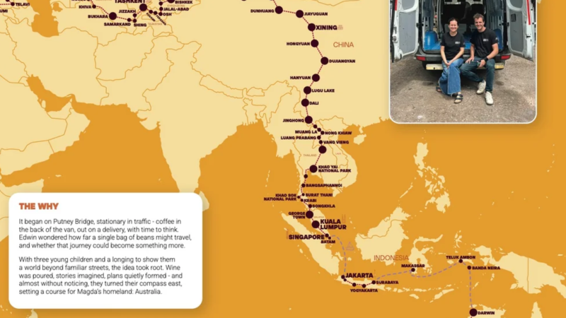 Map of Asia and Australia showing a dotted travel route with labeled cities, plus a photo inset of two people in a van at the top right.