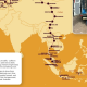 Map of Asia and Australia showing a dotted travel route with labeled cities, plus a photo inset of two people in a van at the top right.