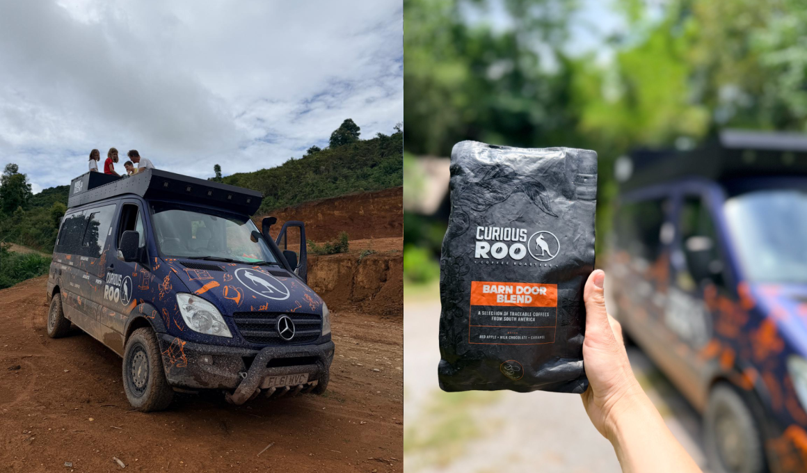 Two-panel photo: left shows a blue off-road van with people on the roof rack driving on a dirt track; right shows a hand holding a Curious Roo Barn Door Blend coffee bag outdoors.