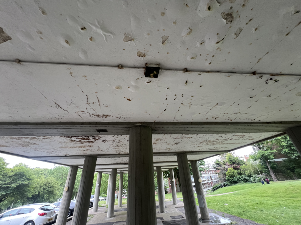Underneath a concrete structure with evenly spaced pillars, showing rust stains on the ceiling and a grassy park beyond.