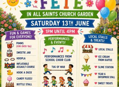 Bright festival poster advertising Free Entry FOSS Summer Fête at All Saints Church Garden on Saturday 13 June, 1–4pm, with games and stalls for all ages.