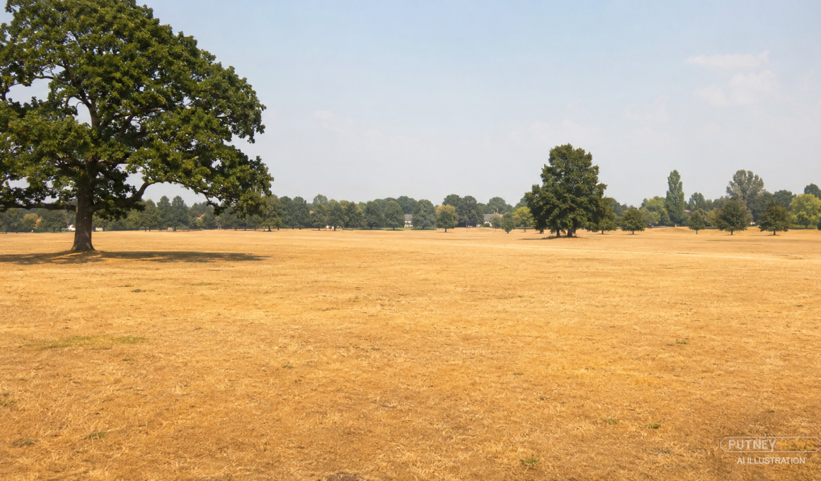 Parched yellow grass and mature trees on Putney Heath under a hazy heatwave sky.