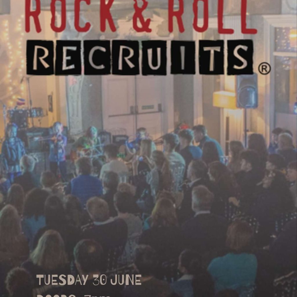 Poster of a live band event with 'Rock & Roll Recruits' title and a crowd watching a performance on stage, date shown at bottom.