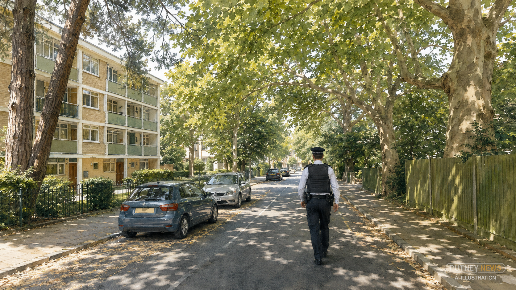 Watercolour editorial illustration of a quiet leafy West Hill street with a police inspector walking away on patrol