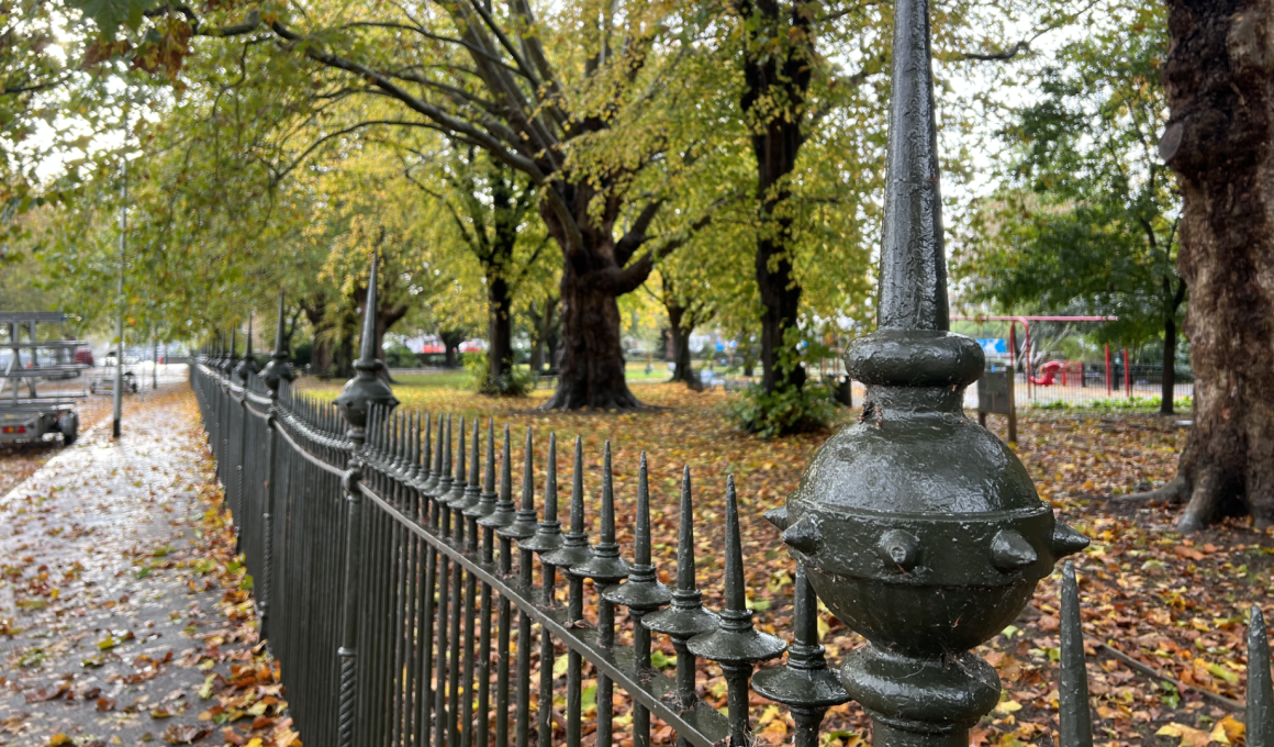 Wrought-iron fence along a leaf-covered sidewalk in a park with autumn trees in the background.
