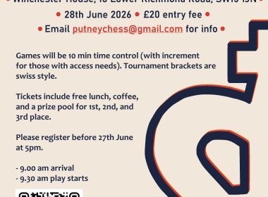 Poster for Putney Chess Tournament with bold navy and red typography and a large chess-piece graphic; includes date, location, entry fee, and contact details.