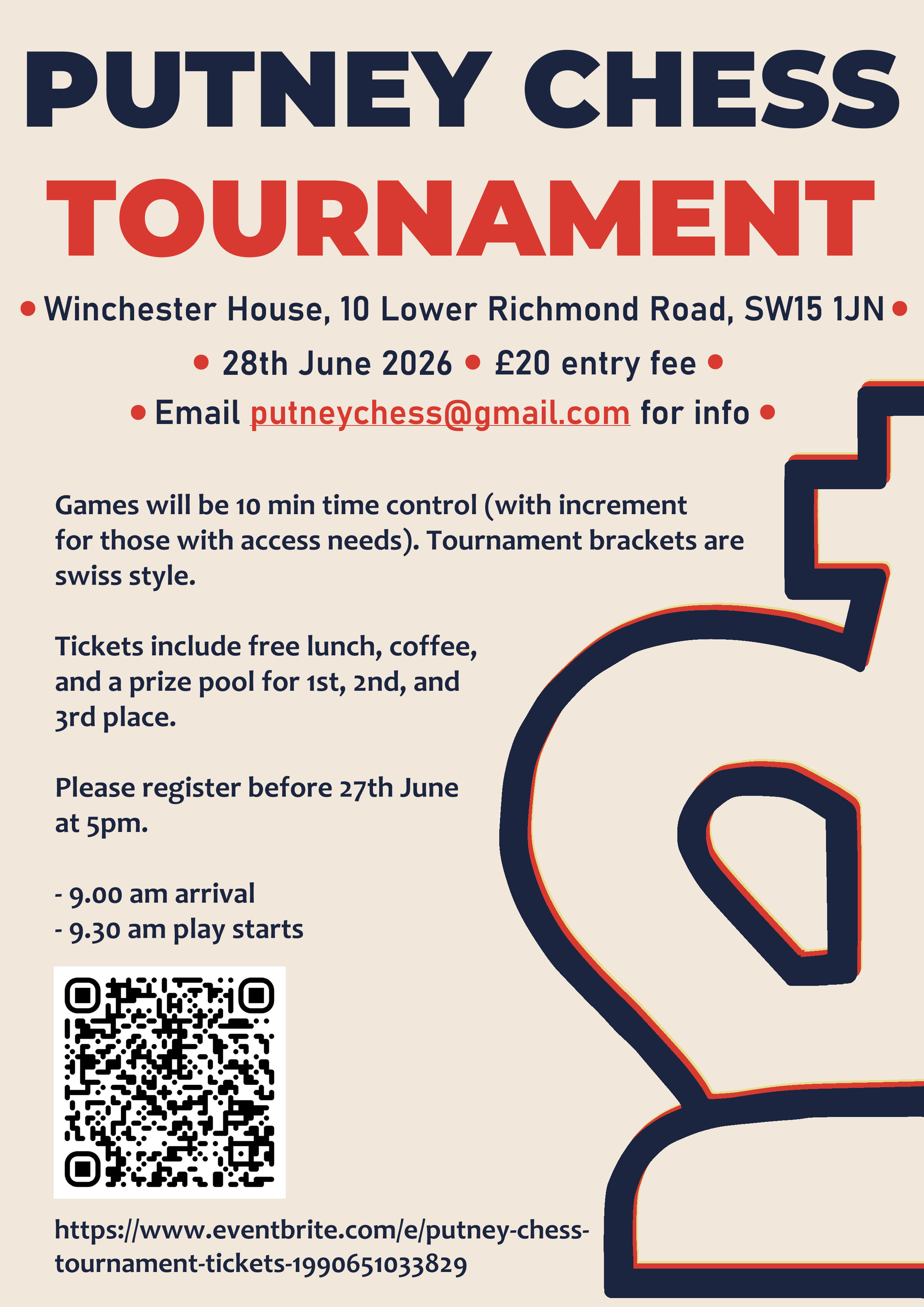 Poster for Putney Chess Tournament with bold navy and red typography and a large chess-piece graphic; includes date, location, entry fee, and contact details.