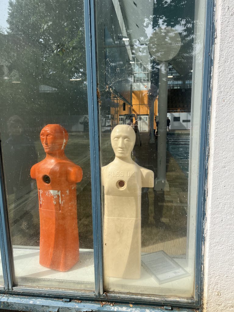 Orange and cream mannequin heads on display in a storefront window, with reflections in the glass and interior shelving visible behind them.