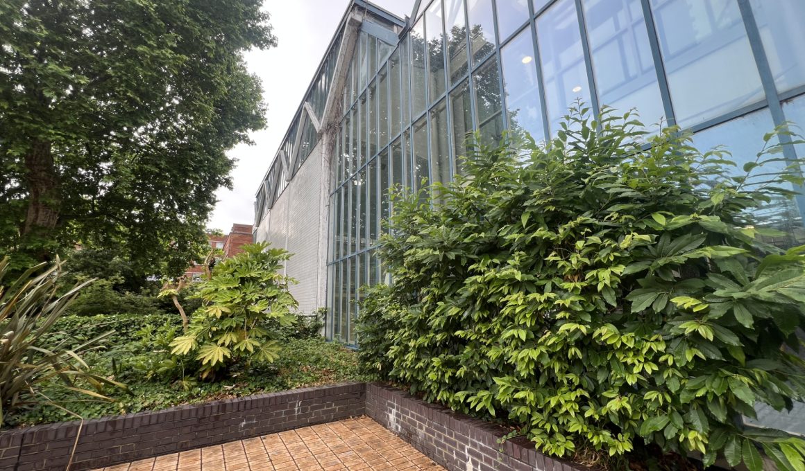 Glass-fronted modern building next to a lush garden with bushes and trees, brick planter along the path.