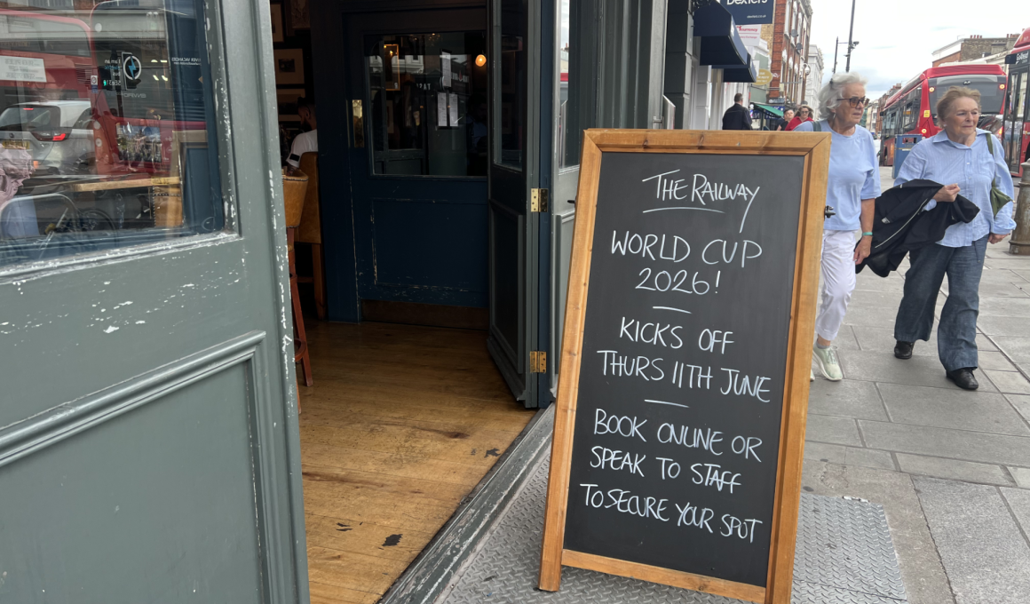 World Cup sign outside The Railway Pub on Putney High Street