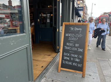 World Cup sign outside The Railway Pub on Putney High Street