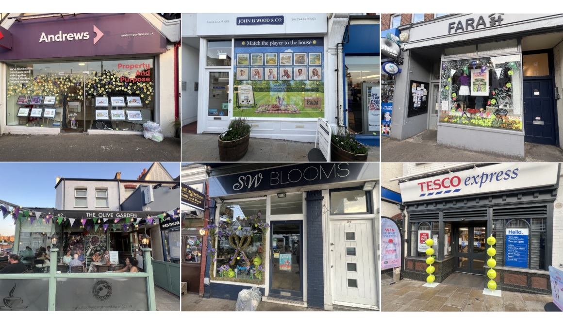 Collage of Southfields shopfronts dressed for Wimbledon