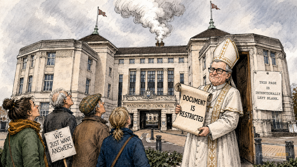 Satirical editorial illustration of Wandsworth Town Hall with smoke rising above it as a papal figure holds a scroll marked “DOCUMENT IS RESTRICTED” before waiting residents.