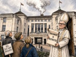 Satirical editorial illustration of Wandsworth Town Hall with smoke rising above it as a papal figure holds a scroll marked “DOCUMENT IS RESTRICTED” before waiting residents.