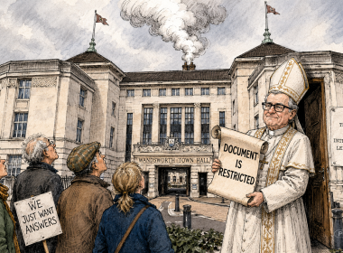 Satirical editorial illustration of Wandsworth Town Hall with smoke rising above it as a papal figure holds a scroll marked “DOCUMENT IS RESTRICTED” before waiting residents.