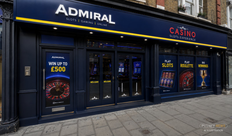 Visual mock-up of the Putney High Street shopfront converted into an Admiral gambling venue with branded signage, window graphics and gaming-machine adverts.