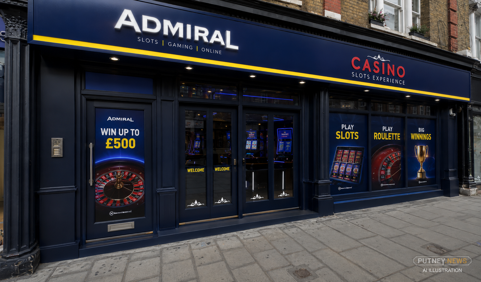 Visual mock-up of the Putney High Street shopfront converted into an Admiral gambling venue with branded signage, window graphics and gaming-machine adverts.