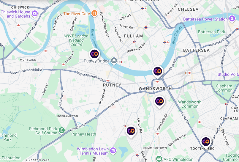 The current locations of Co Wheels cars in Wandsworth. 