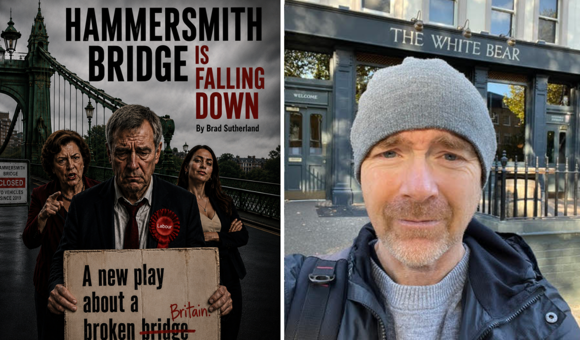 Playwright Brad Sutherland alongside his work Hammersmith Bridge is Falling Down