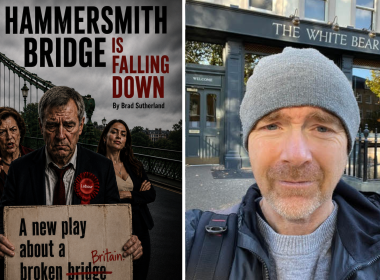 Playwright Brad Sutherland alongside his work Hammersmith Bridge is Falling Down