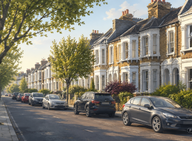 Residential street lined with brick townhouses, trees, and parked cars on both sides on a sunny day.