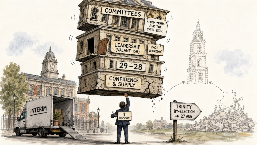 Editorial cartoon showing Wandsworth Town Hall as a precarious stack of council responsibilities balanced on a single independent councillor, illustrating how the council’s current political stability depends on one vote.