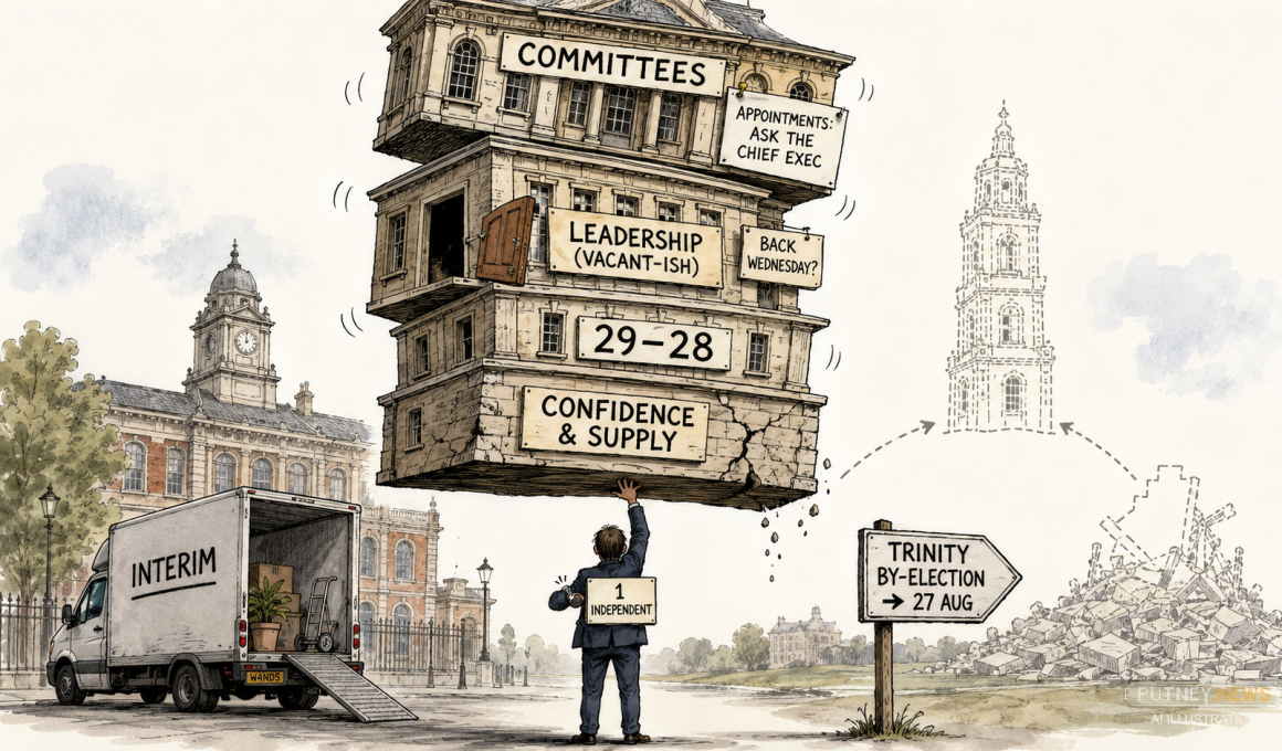 Editorial cartoon showing Wandsworth Town Hall as a precarious stack of council responsibilities balanced on a single independent councillor, illustrating how the council’s current political stability depends on one vote.