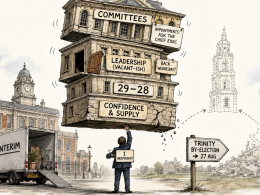 Editorial cartoon showing Wandsworth Town Hall as a precarious stack of council responsibilities balanced on a single independent councillor, illustrating how the council’s current political stability depends on one vote.