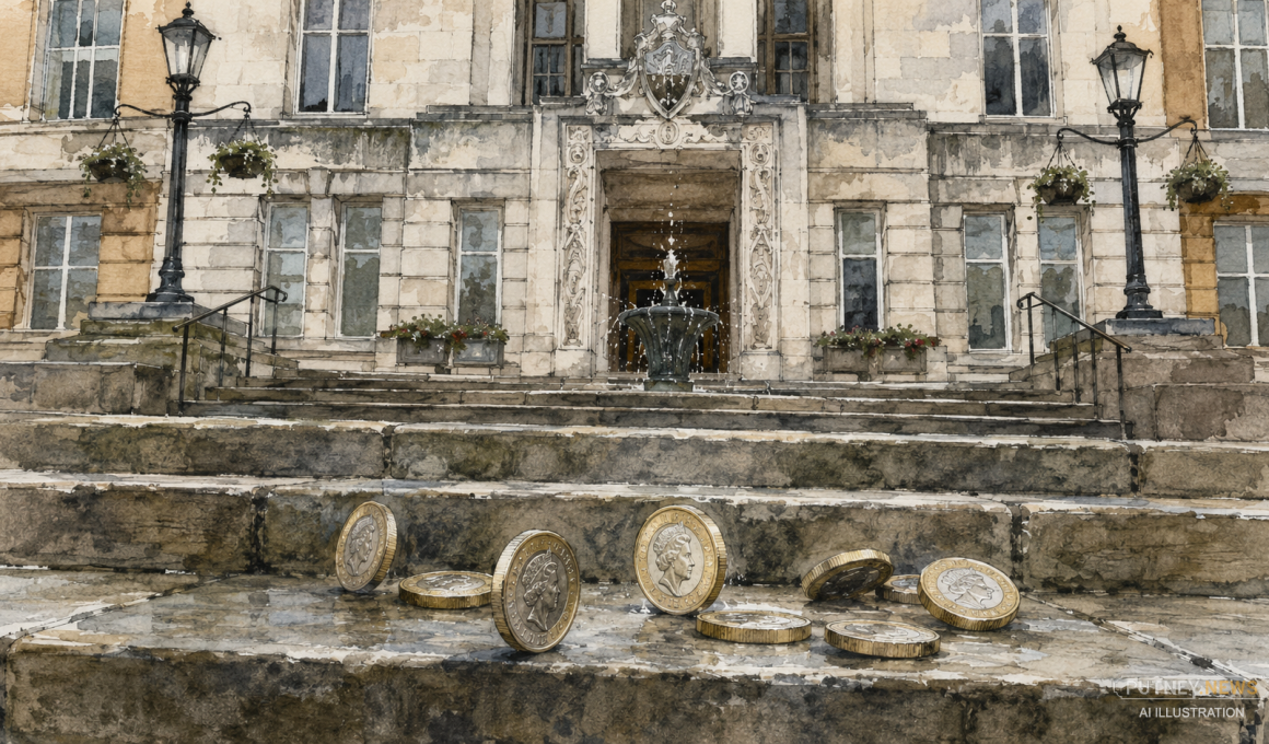Watercolour illustration of Wandsworth Town Hall steps with pound coins scattered in the foreground. AI-generated.
