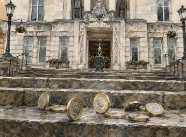 Watercolour illustration of Wandsworth Town Hall steps with pound coins scattered in the foreground. AI-generated.