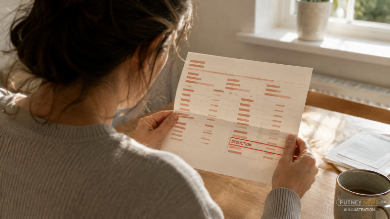 Woman at a kitchen table reading a payslip with a line marked ‘DEDUCTION’ highlighted in red