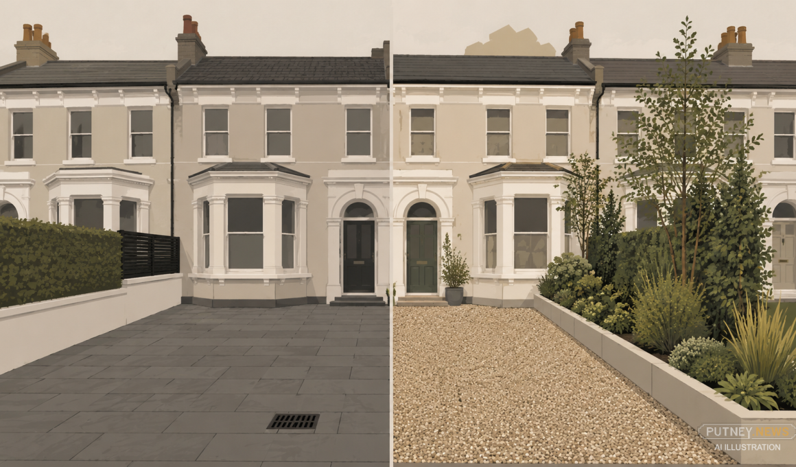 Split view of a paved front driveway and a greener alternative with gravel and a raised planted border.