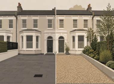 Split view of a paved front driveway and a greener alternative with gravel and a raised planted border.